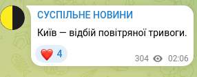 Скріншот Telegram-публікації: Київ — відбій повітряної тривоги.