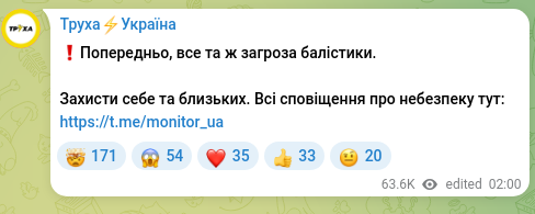 Скріншот Telegram-публікації: ❗️Попередньо, все та ж загроза балістики. Захисти себе та близьких. Всі сповіщ…