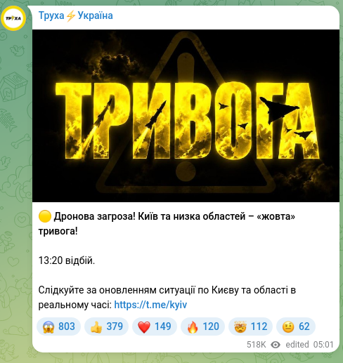 Скріншот Telegram-публікації: 🟡 Дронова загроза! Київ та низка областей – «жовта» тривога! 13:20 відбій. Слі…