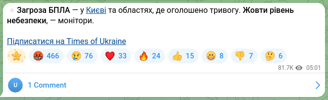 Screenshot of a Telegram post: ⏺Drone threat — in Kyiv and the regions where an alert has been declared. Yello…