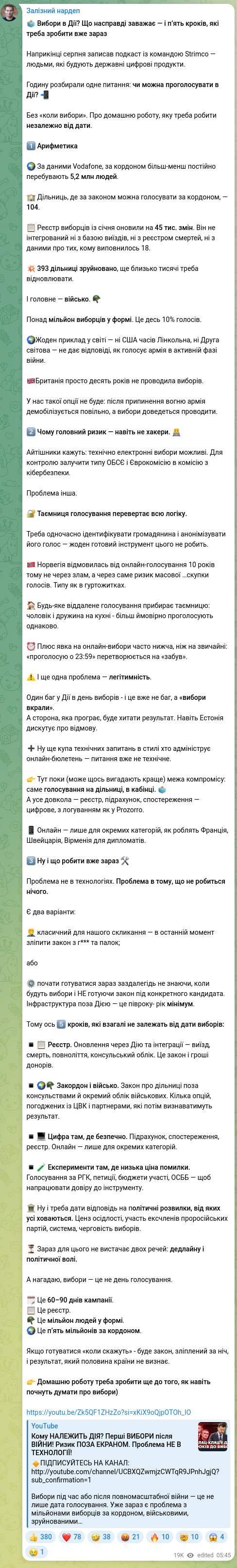 Скріншот Telegram-публікації: 🗳 Вибори в Дії? Що насправді заважає — і п’ять кроків, які треба зробити вже за…