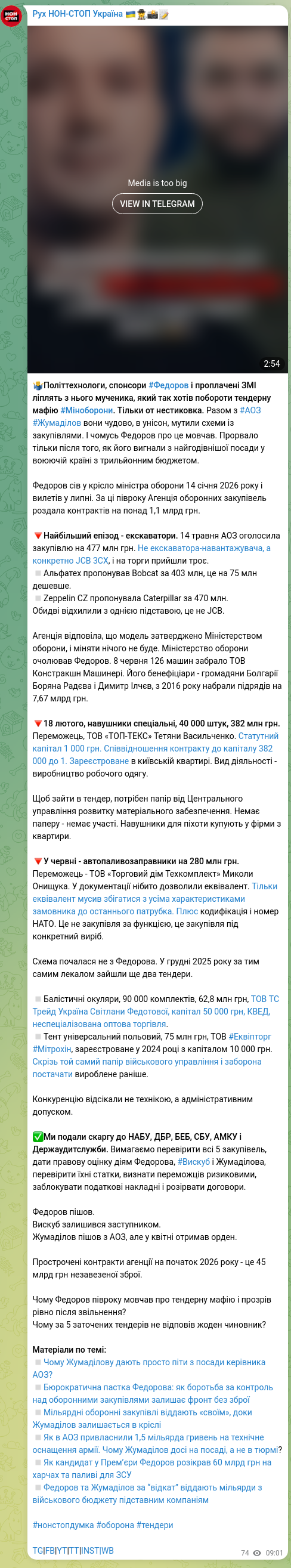 Скріншот Telegram-публікації: 🤷‍♂️Політтехнологи, спонсори #Федоров і проплачені ЗМІ ліплять з нього мученик…