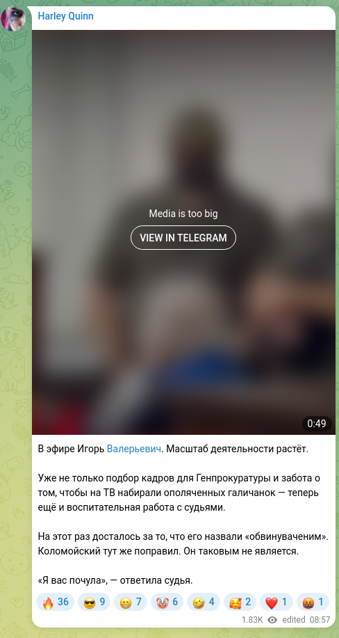 Скріншот Telegram-публікації: В эфире Игорь Валерьевич. Масштаб деятельности растёт. Уже не только подбор кад…
