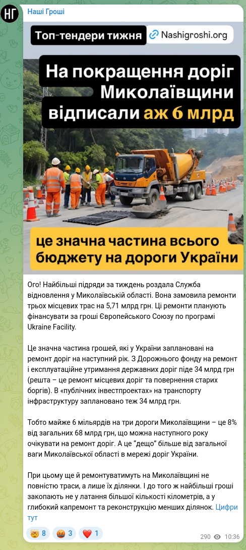 Screenshot of a Telegram post: Wow! The Recovery Service awarded the largest contracts this week in the Mykola…