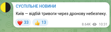Скріншот Telegram-публікації: Київ — відбій тривоги через дронову небезпеку.