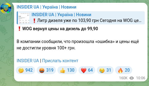 Скріншот Telegram-публікації: ❗️WOG вернул цены на дизель до 99,90 В компании сообщили, что произошла «ошибк…