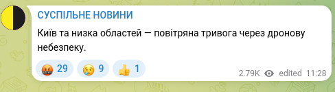Скріншот Telegram-публікації: Київ та низка областей — повітряна тривога через дронову небезпеку.