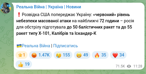 Screenshot of a Telegram post: ❗️U.S. intelligence warns Ukraine: “red” danger level of a massive attack for…
