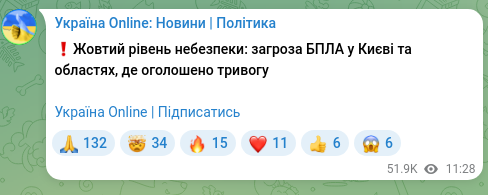 Screenshot of a Telegram post: ❗️Yellow danger level: UAV threat in Kyiv and the regions where an alert has b…