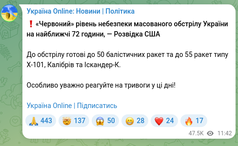 Screenshot of a Telegram post: ❗️“Red” level of danger of a massive shelling of Ukraine for the next 72 hours…