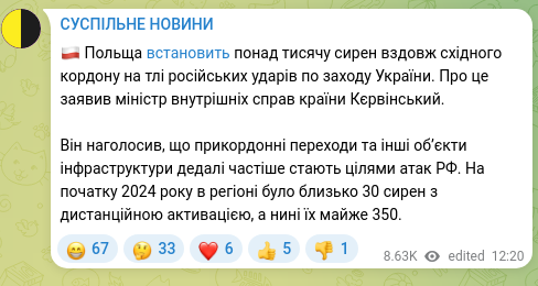 Скріншот Telegram-публікації: 🇵🇱 Польща встановить понад тисячу сирен вздовж східного кордону на тлі російськ…