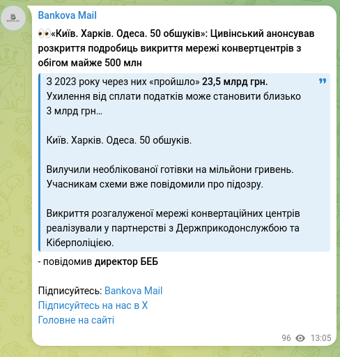 Скріншот Telegram-публікації: 👀«Київ. Харків. Одеса. 50 обшуків»: Цивінський анонсував розкриття подробиць в…