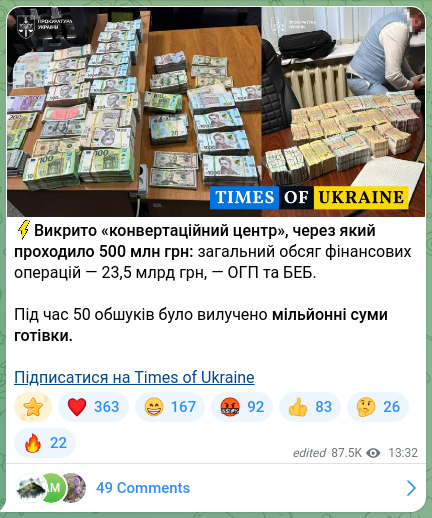 Скріншот Telegram-публікації: ⚡️Викрито «конвертаційний центр», через який проходило 500 млн грн: загальний…