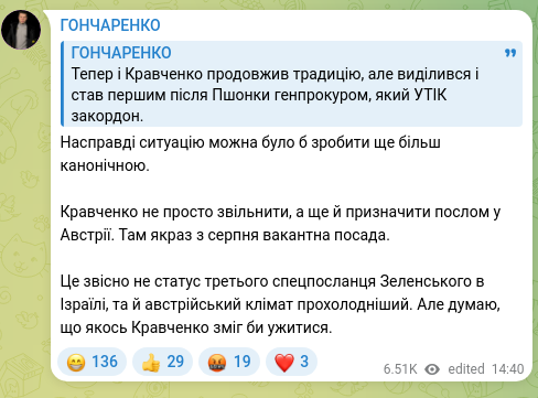 Screenshot of a Telegram post: Actually, the situation could have been made even more canonical. Kravchenko sh…