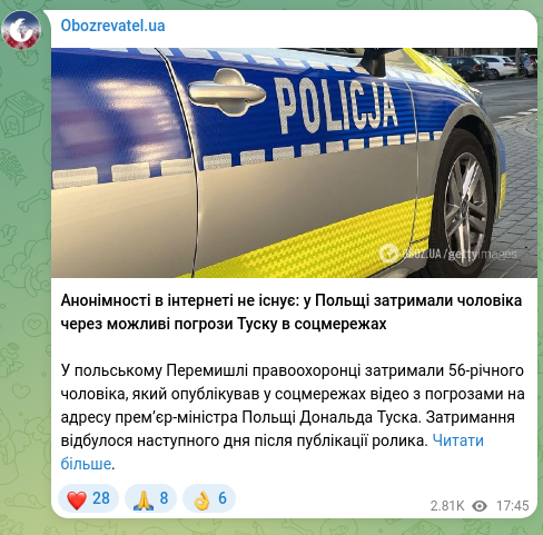 Screenshot of a Telegram post: There is no anonymity on the Internet: man arrested in Poland over alleged thre…