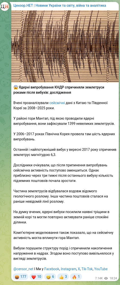 Скріншот Telegram-публікації: 😱 Ядерні випробування КНДР спричиняли землетруси роками після вибухів: дослідж…