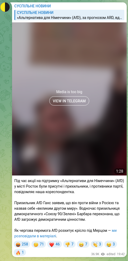 Скріншот Telegram-публікації: Під час акції на підтримку «Альтернативи для Німеччини» (AfD) у місті Росток бу…