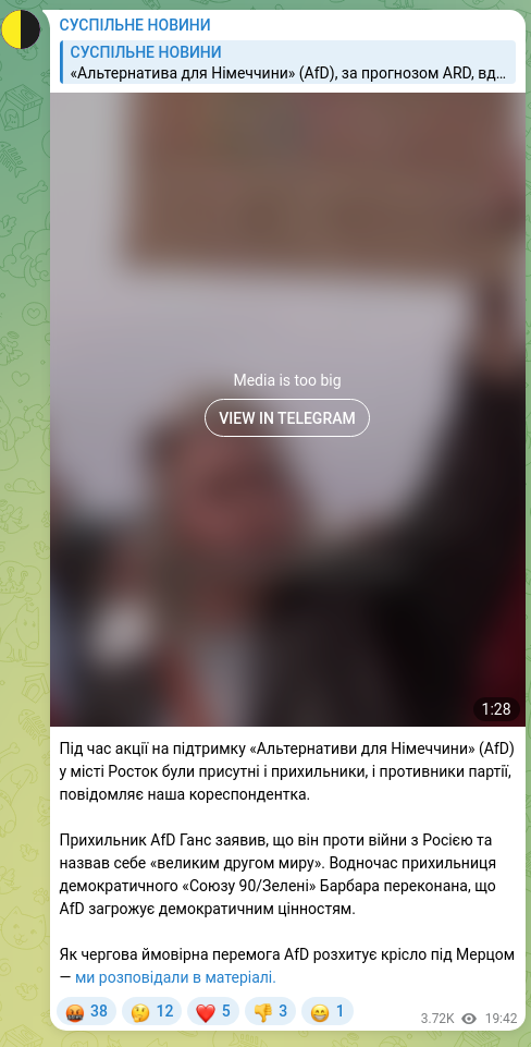 Скріншот Telegram-публікації: Під час акції на підтримку «Альтернативи для Німеччини» (AfD) у місті Росток бу…