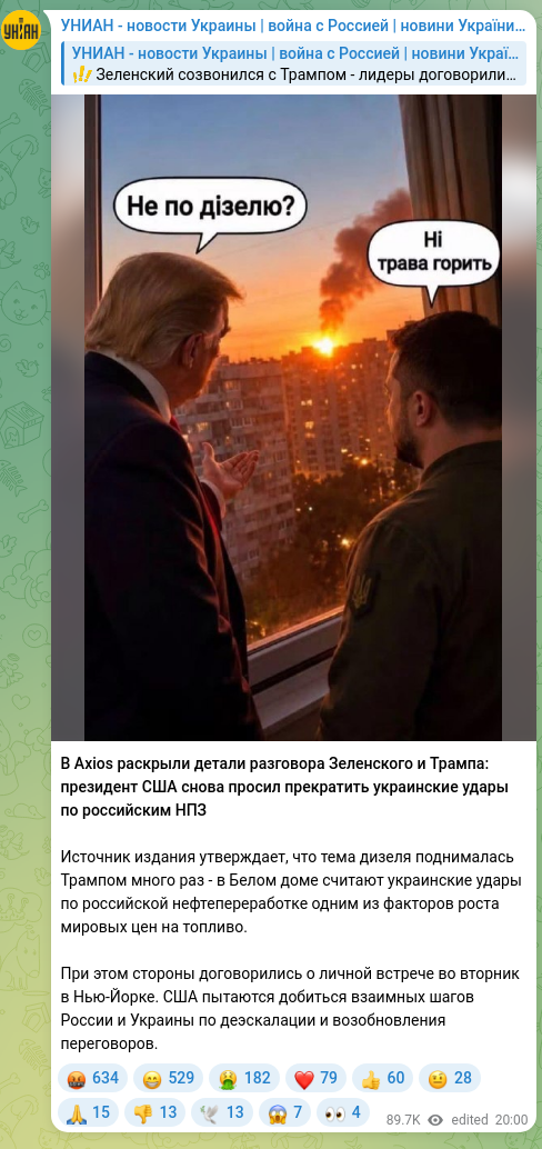 Скріншот Telegram-публікації: В Axios раскрыли детали разговора Зеленского и Трампа: президент США снова прос…