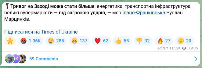 Screenshot of a Telegram post: Martsynkiv Ruslan Romanovych — ❗️There may be more alarms in the West: energy, transport inf…