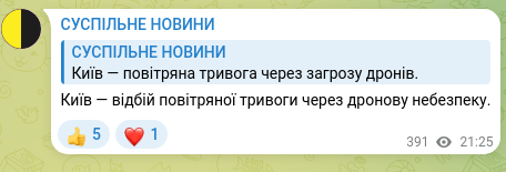 Скріншот Telegram-публікації: Київ — відбій повітряної тривоги через дронову небезпеку.