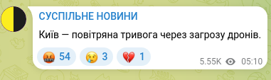 Скріншот Telegram-публікації: Київ — повітряна тривога через загрозу дронів.