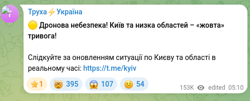Скріншот Telegram-публікації: 🟡 Дронова небезпека! Київ та низка областей – «жовта» тривога! Слідкуйте за он…