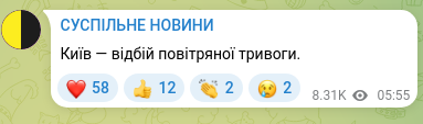 Скріншот Telegram-публікації: Київ — відбій повітряної тривоги.