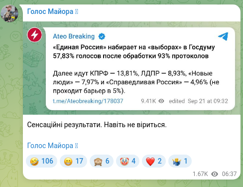 Скріншот Telegram-публікації: Сенсаційні результати. Навіть не віриться. Голос Майора ✙