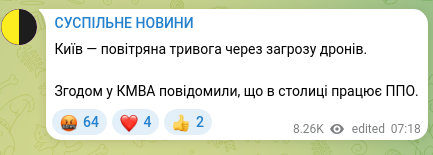 Скріншот Telegram-публікації: Київ — повітряна тривога через загрозу дронів. Згодом у КМВА повідомили, що в с…