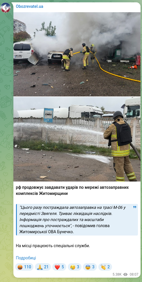 Скріншот Telegram-публікації: рф продовжує завдавати ударів по мережі автозаправних комплексів Житомирщини "Ц…