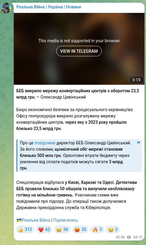 Скріншот Telegram-публікації: Цивінський Олександр Ігорович — БЕБ викрило мережу конвертаційних центрів з оборотом 23,5 млрд…