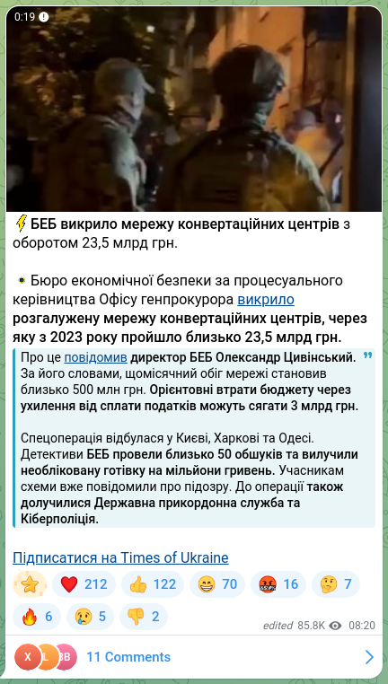Screenshot of a Telegram post: Tsyvinskyi Oleksandr Ihorovych — ⚡️BEB uncovered a network of conversion centers with a turn…