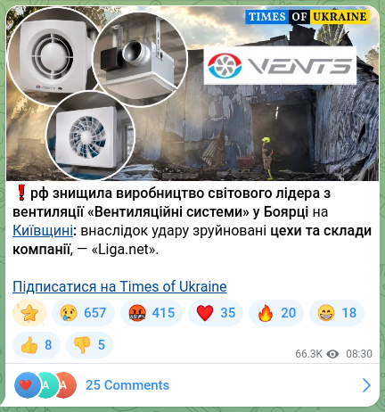 Скріншот Telegram-публікації: ❗️рф знищила виробництво світового лідера з вентиляції «Вентиляційні системи»…