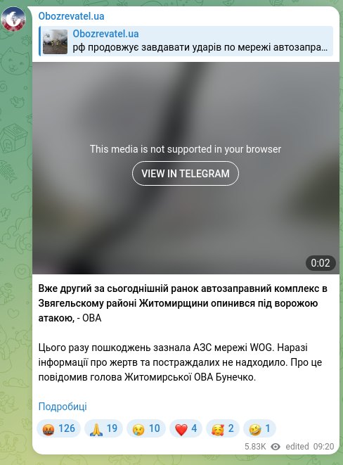 Screenshot of a Telegram post: Вже другий за сьогоднішній ранок автозаправний комплекс в Звягельскому районі Ж…