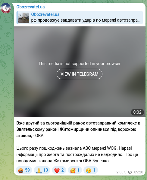 Screenshot of a Telegram post: Already the second gas station complex this morning in the Svyagelskyi district…