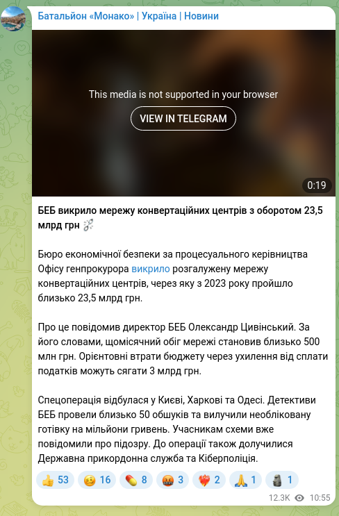 Screenshot of a Telegram post: Tsyvinskyi Oleksandr Ihorovych — BEB uncovered a network of conversion centers with a turnove…