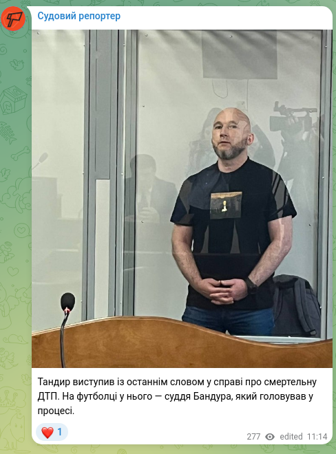 Screenshot of a Telegram post: Tandyr gave his final statement in the case of the fatal traffic accident. On h…