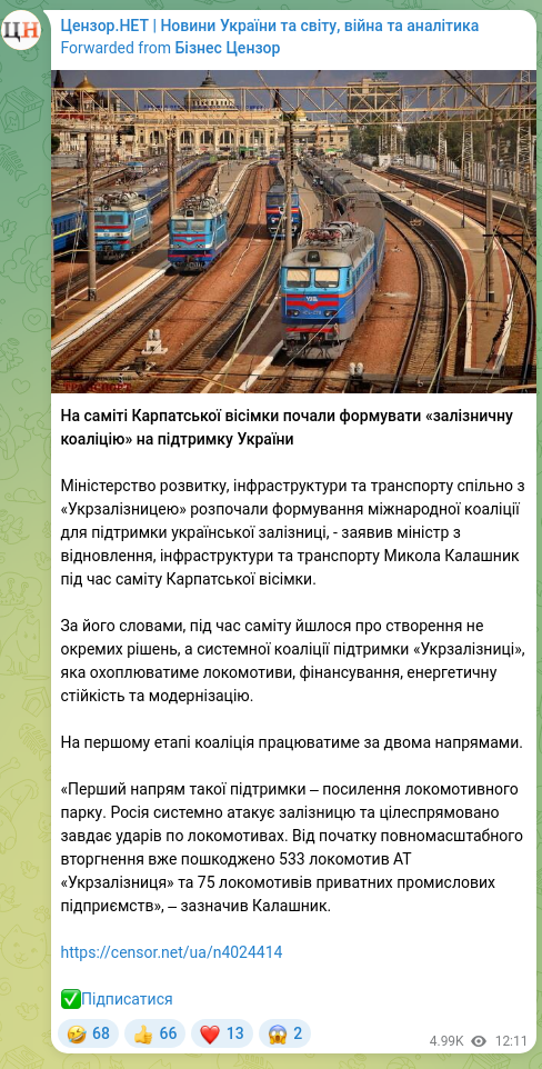 Скріншот Telegram-публікації: Калашник Микола Володимирович — На саміті Карпатської вісімки почали формувати «залізничну коа…