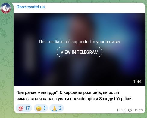 Screenshot of a Telegram post: "Spending Billions": Sikorski Described How Russia Is Trying to Turn Poles Agai…
