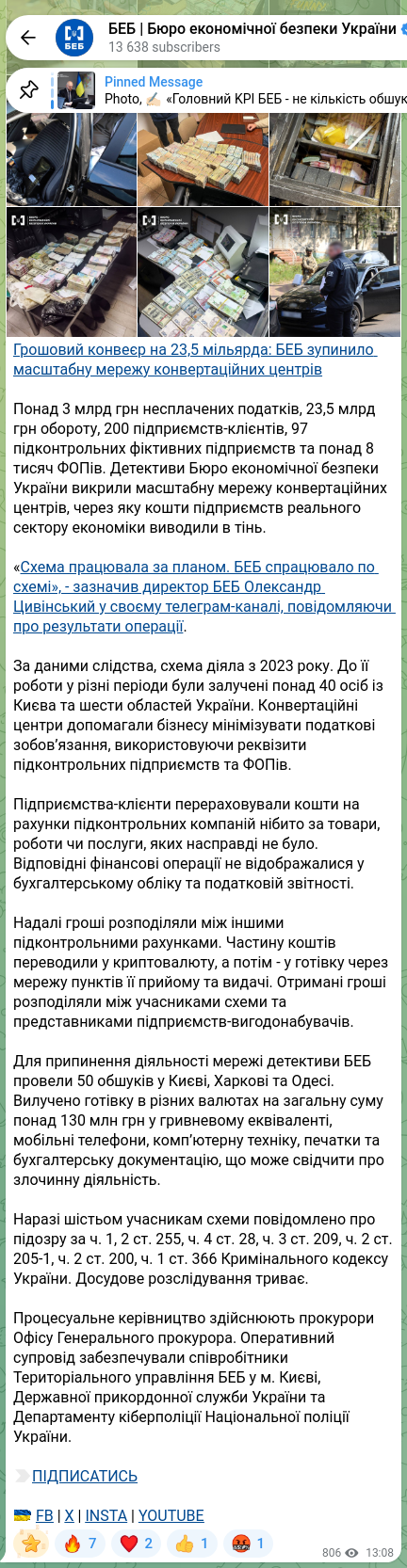 Screenshot of a Telegram post: Tsyvinskyi Oleksandr Ihorovych — Cash conveyor of 23,5 billion: the SEB halted a large networ…