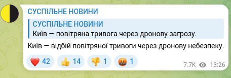 Скріншот Telegram-публікації: Київ — відбій повітряної тривоги через дронову небезпеку.