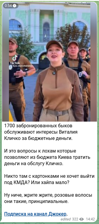 Screenshot of a Telegram post: 1700 the booked bulls serve the interests of Vitali Klitschko at the city's exp…