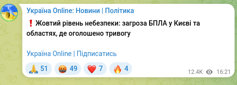 Скріншот Telegram-публікації: ❗️Жовтий рівень небезпеки: загроза БПЛА у Києві та областях, де оголошено трив…