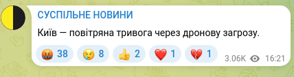 Скріншот Telegram-публікації: Київ — повітряна тривога через дронову загрозу.