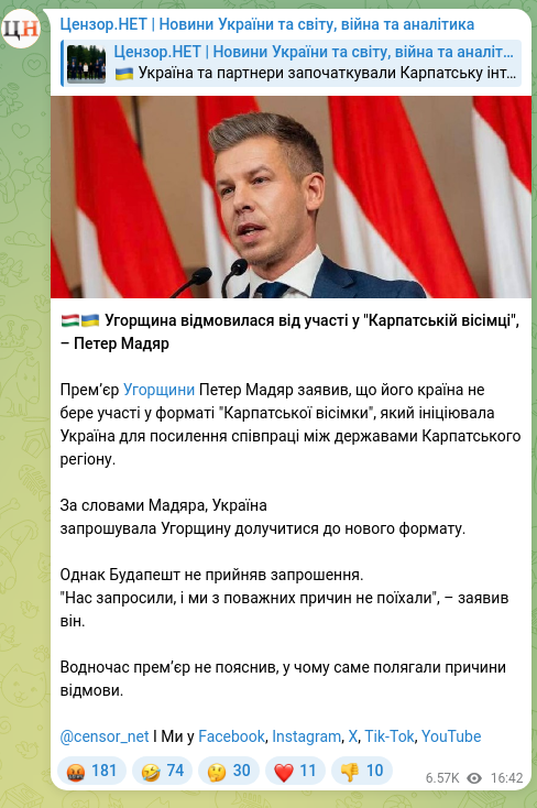 Screenshot of a Telegram post: 🇭🇺🇺🇦 Угорщина відмовилася від участі у "Карпатській вісімці", – Петер Мадяр Пре…
