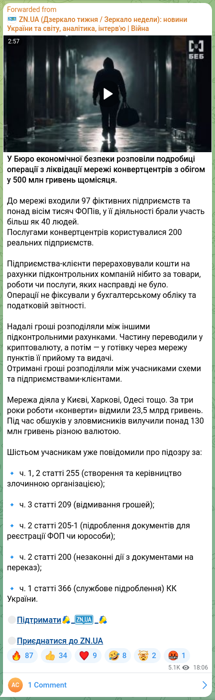 Скріншот Telegram-публікації: У Бюро економічної безпеки розповіли подробиці операції з ліквідації мережі кон…