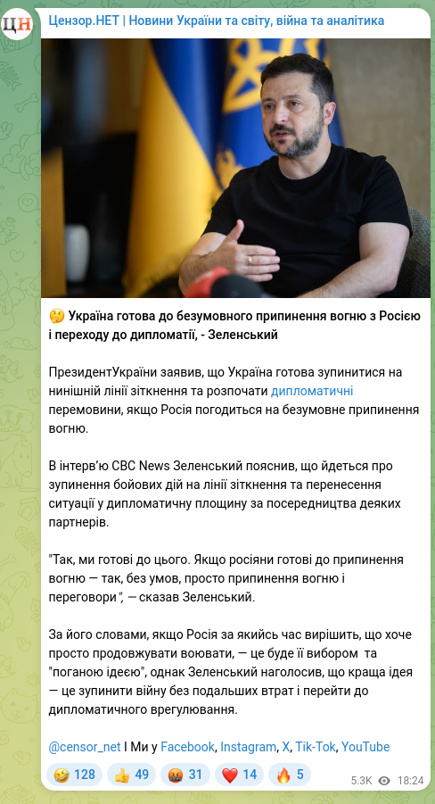 Screenshot of a Telegram post: 🤔 Україна готова до безумовного припинення вогню з Росією і переходу до диплом…