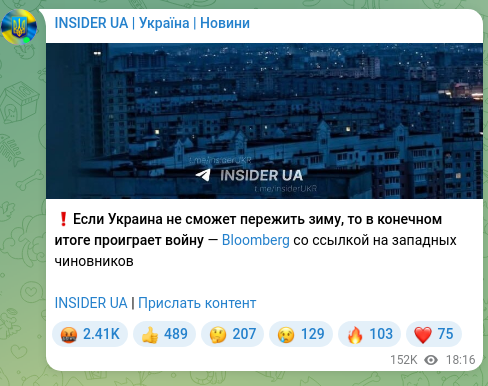 Скріншот Telegram-публікації: ❗️Если Украина не сможет пережить зиму, то в конечном итоге проиграет войну —…