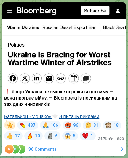 Скріншот Telegram-публікації: ❗️Якщо Україна не зможе пережити цю зиму — вона програє війну, — Bloomberg із…